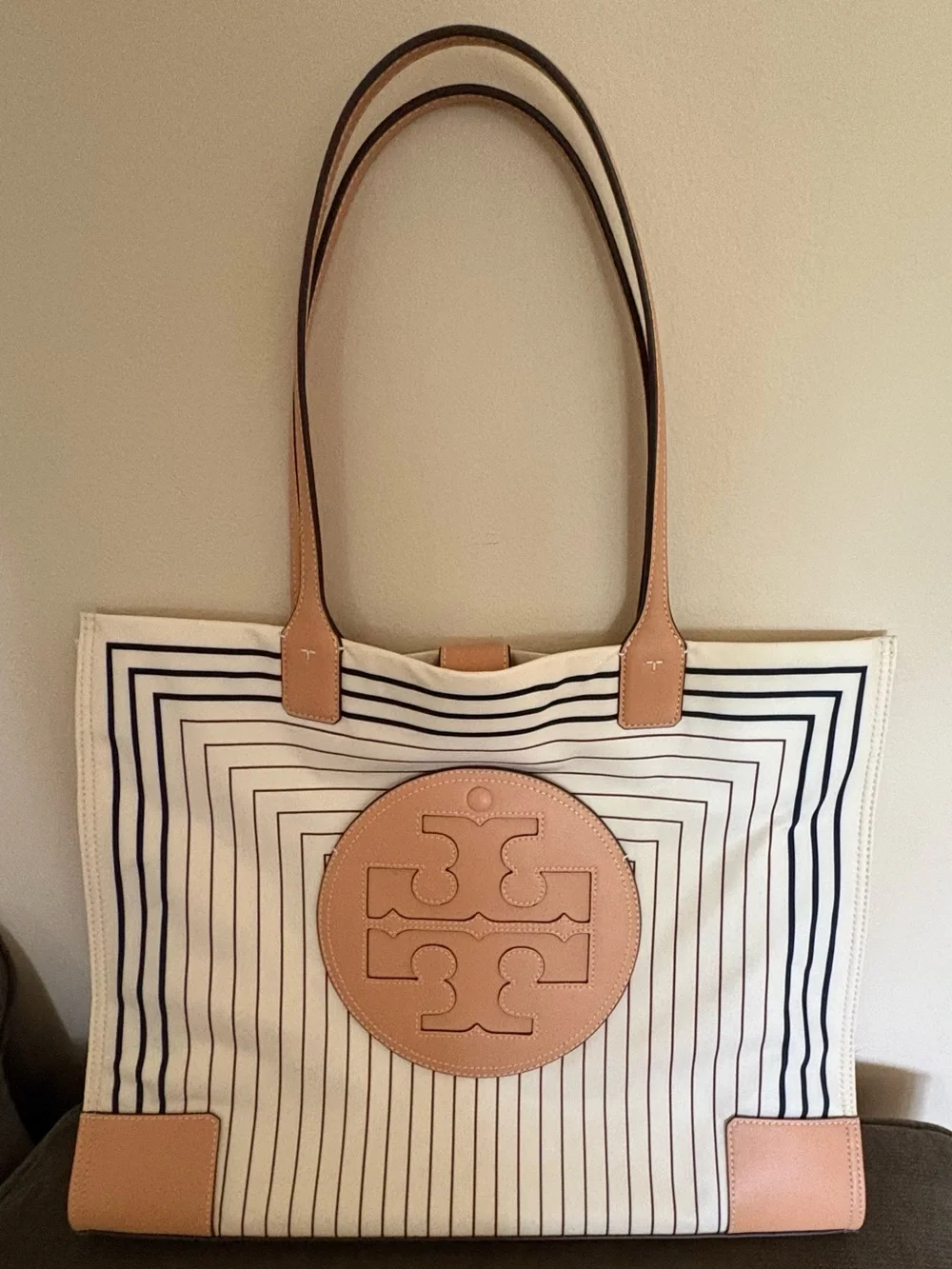 Tory Burch Ella Stripe Canvas Large Tote Ivory Navy Tan NWT Condition